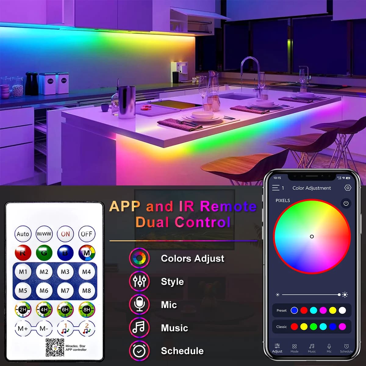 Ruban LED néon irisé USB avec télécommande Bluetooth
