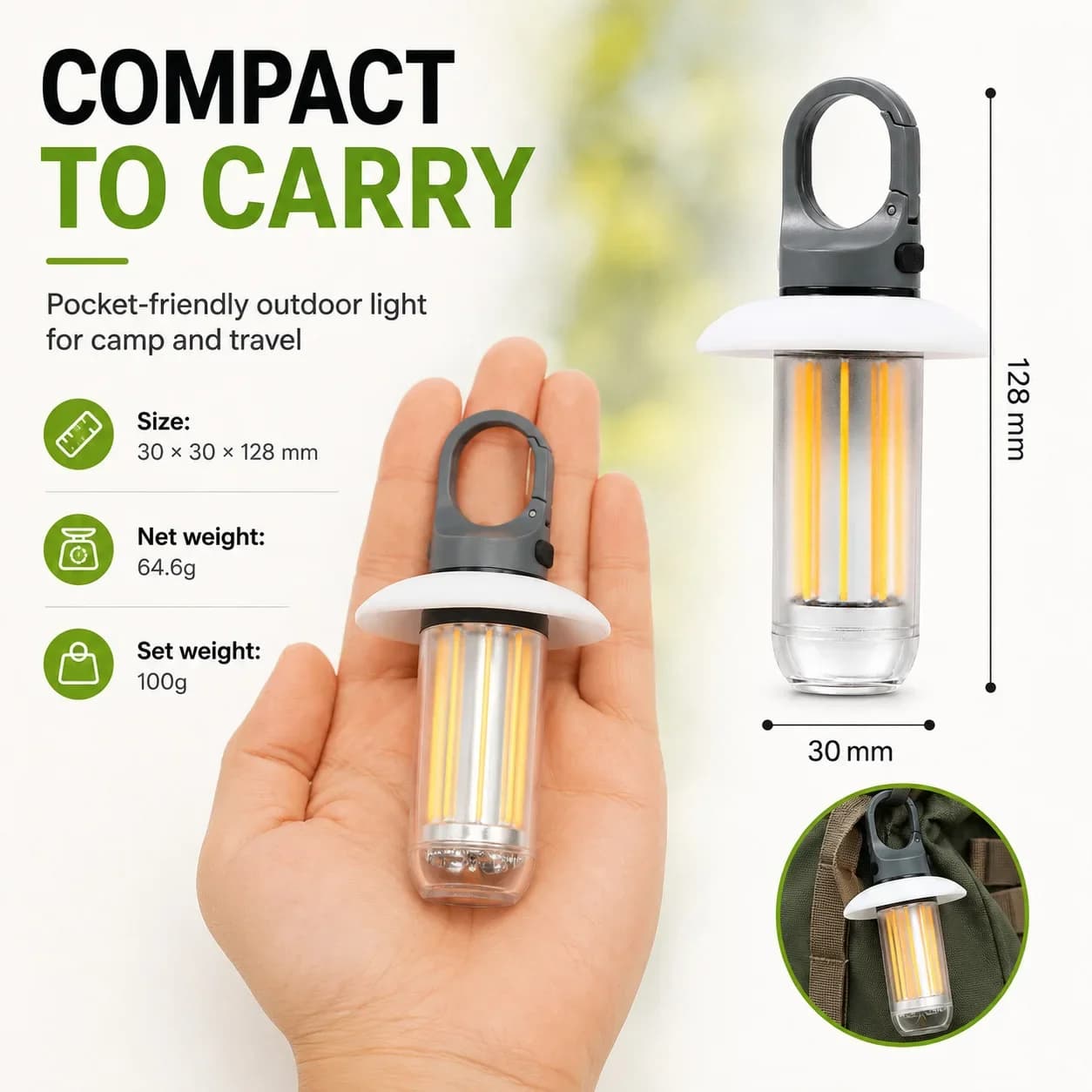 Lanterne torche COB rechargeable, double source avec crochet pour camping