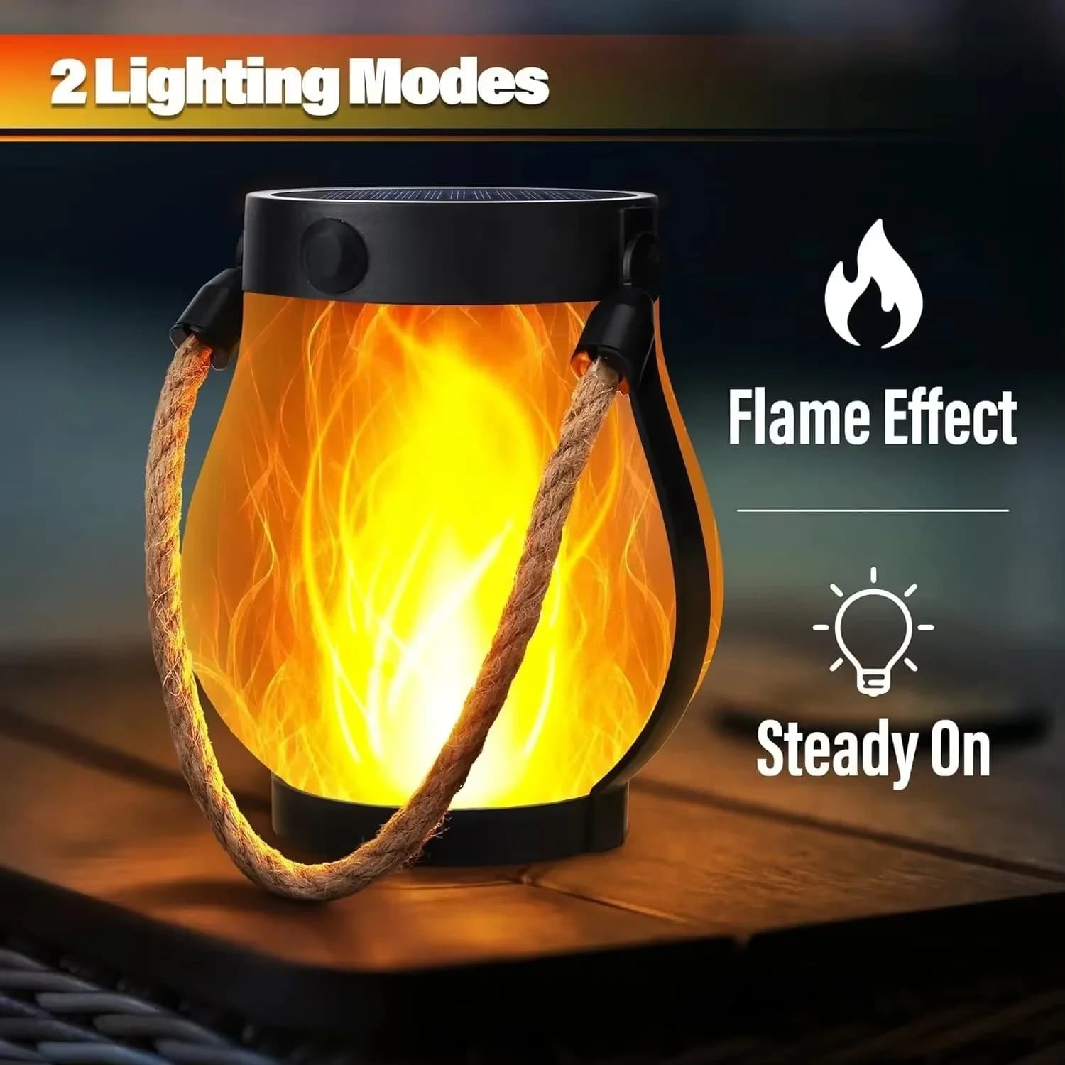 Lanterne solaire effet flamme pour extérieur, rechargeable USB