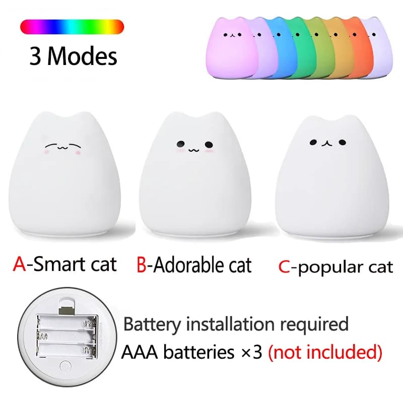 Veilleuse chat en silicone souple, 7 couleurs changeantes