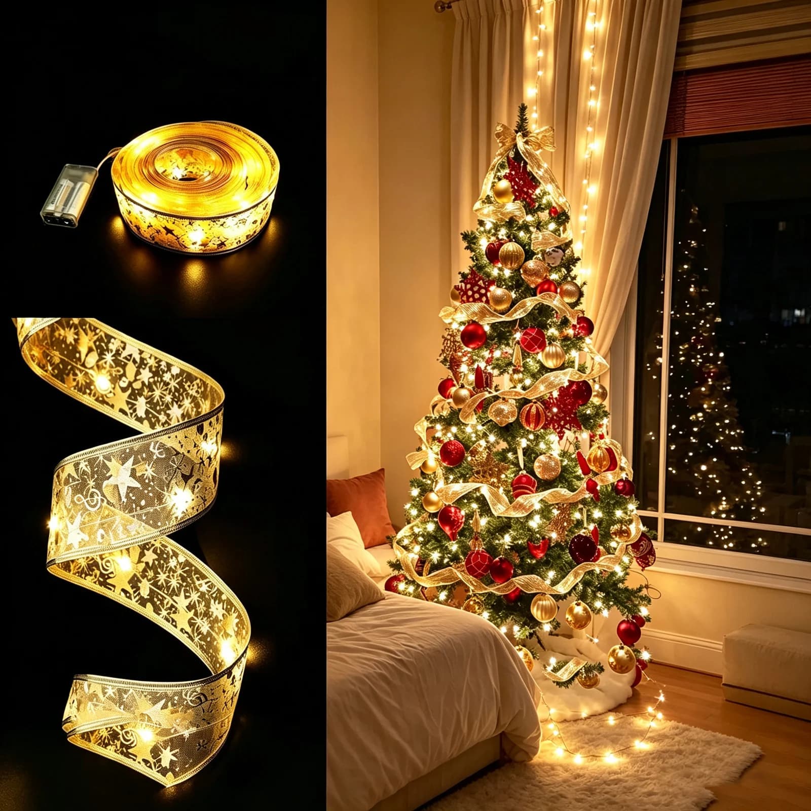 Ruban lumineux LED de Noël doré satiné double couche