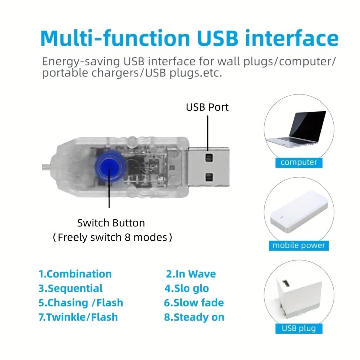 Guirlande LED cascade USB, blanc chaud et multicolore