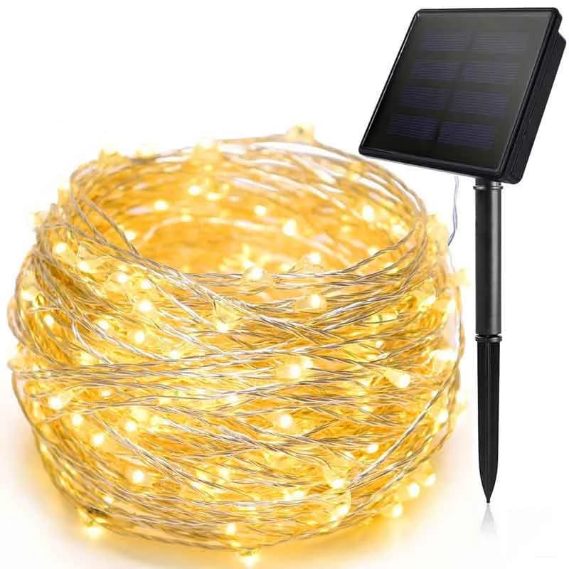 Guirlande lumineuse solaire 100 LED sur fil de cuivre, étanche pour extérieur